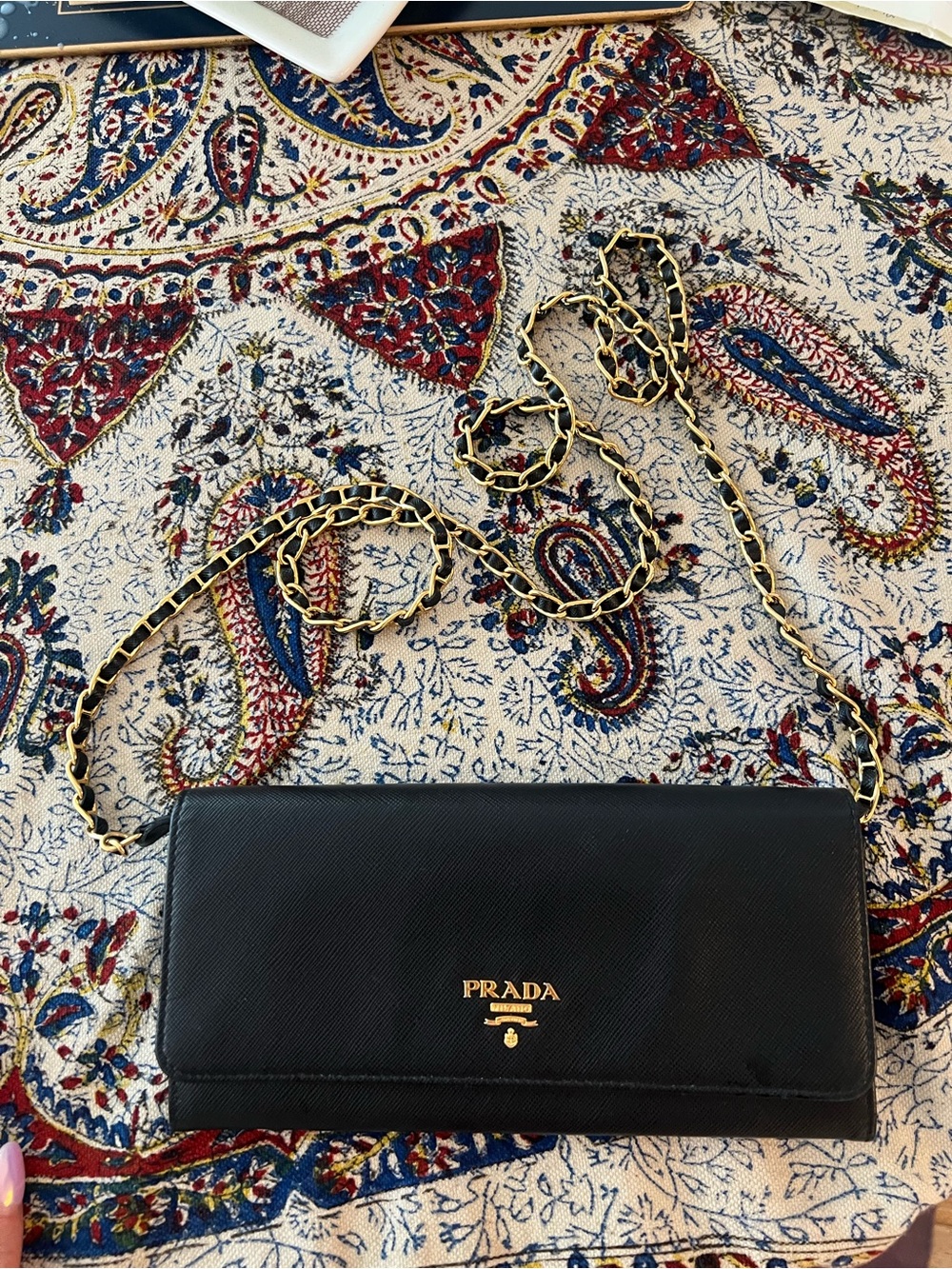 Prada Black Saffiano Leather Chain Wallet with Gold Logo
